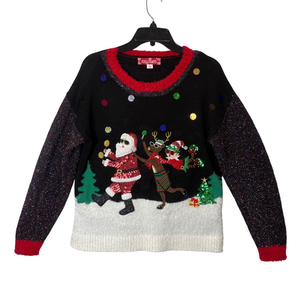 Jollidays Christmas Sweater Black Sequin Santa Reindeer Elf Womens Small